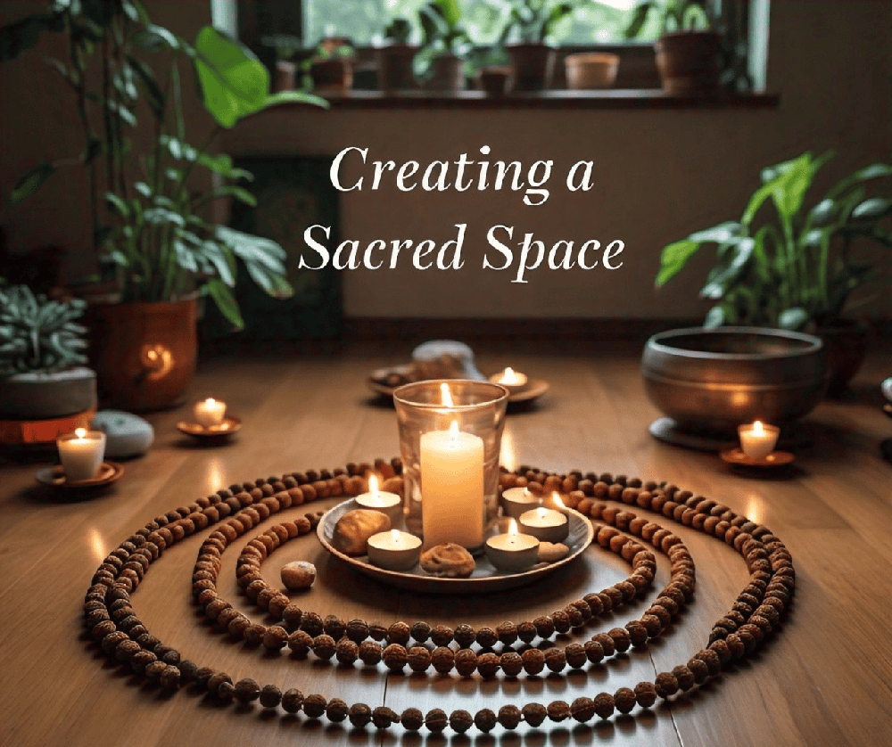 A beautifully arranged meditation space featuring Rudraksha beads, candles, and plants, emphasizing the importance of a dedicated environment for spiritual practices